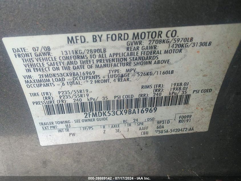 2009 Ford Flex Limited VIN: 2FMDK53CX9BA16969 Lot: 39889142