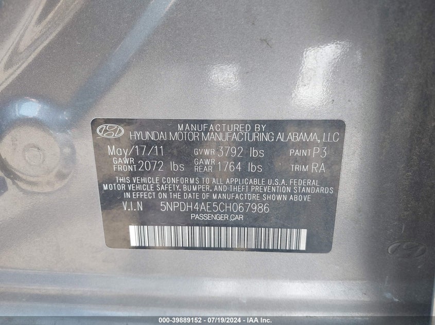 2012 Hyundai Elantra Gls VIN: 5NPDH4AE5CH067986 Lot: 39889152