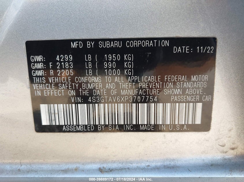 2023 Subaru Impreza Premium 5-Door VIN: 4S3GTAV6XP3707754 Lot: 39889172