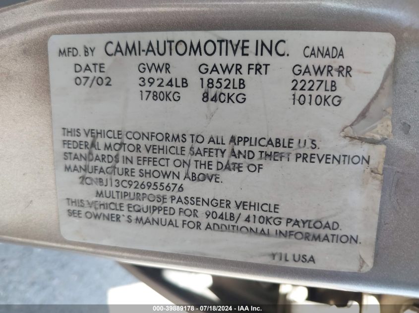 2002 Chevrolet Tracker Hard Top Base VIN: 2CNBJ13C926955676 Lot: 39889178