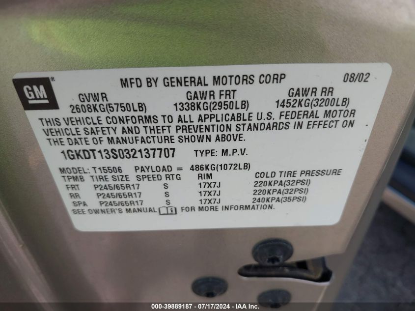 2003 GMC Envoy Sle VIN: 1GKDT13S032137707 Lot: 39889187