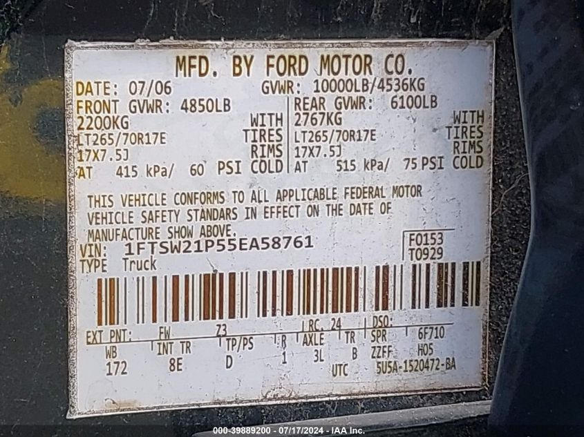 2005 Ford Super Duty F-250 Xl/Xlt/Lariat/King Ranch/Harley-Davidson VIN: 1FTSW21P55EA58761 Lot: 39889200
