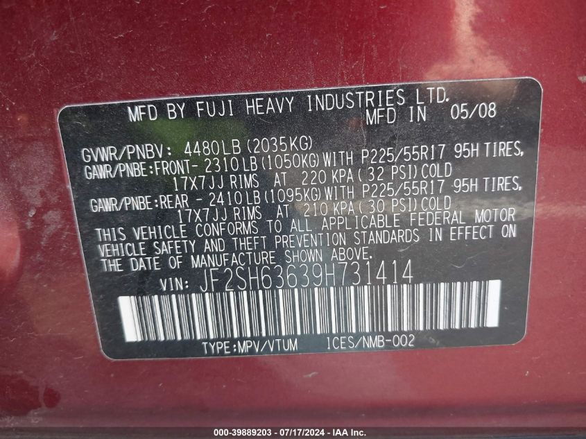 2009 Subaru Forester 2.5X VIN: JF2SH63639H731414 Lot: 39889203
