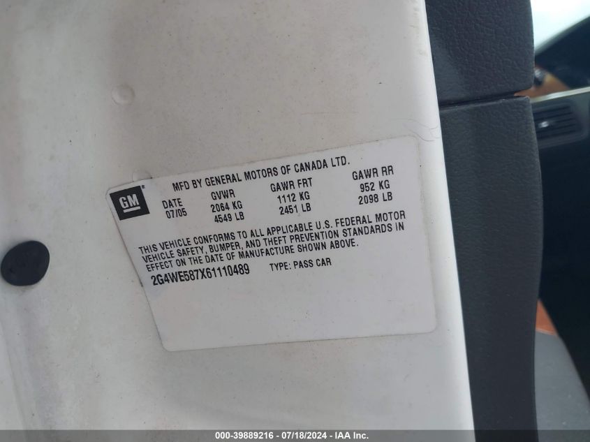 2006 Buick Lacrosse Cxs VIN: 2G4WE587X61110489 Lot: 39889216