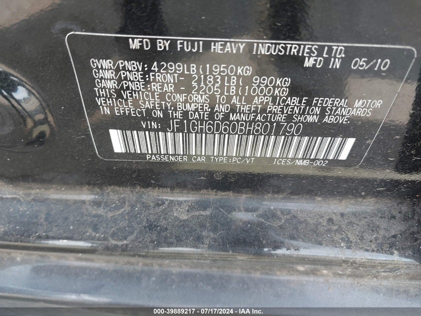 2011 Subaru Impreza Outback Sport Outback Sport VIN: JF1GH6D60BH801790 Lot: 39889217