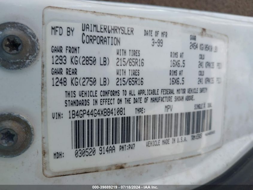 1999 Dodge Grand Caravan Se VIN: 1B4GP44G4XB841081 Lot: 39889219