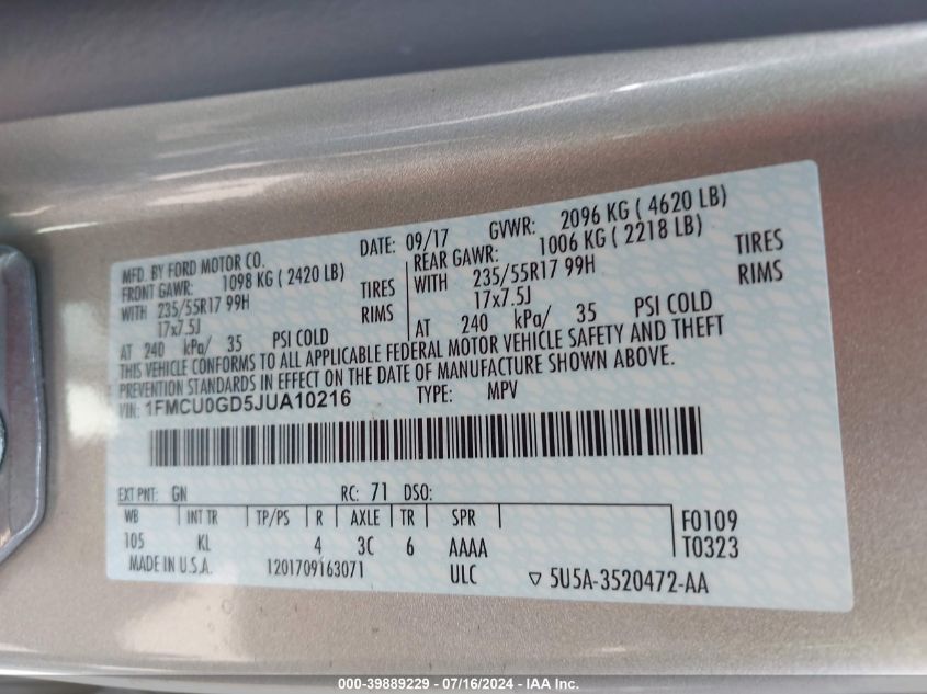 2018 Ford Escape Se VIN: 1FMCU0GD5JUA10216 Lot: 39889229