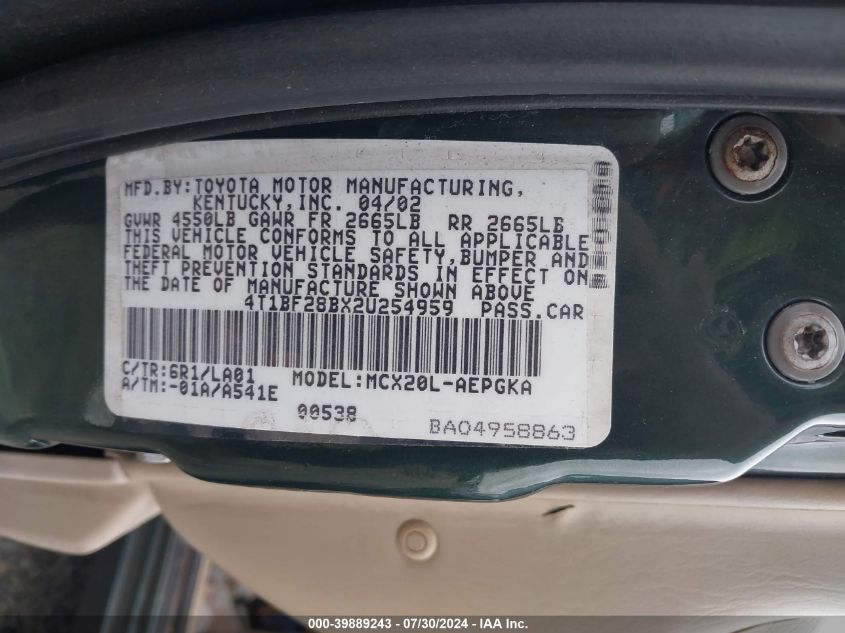 2002 Toyota Avalon Xl/Xls VIN: 4T1BF28BX2U254959 Lot: 39889243