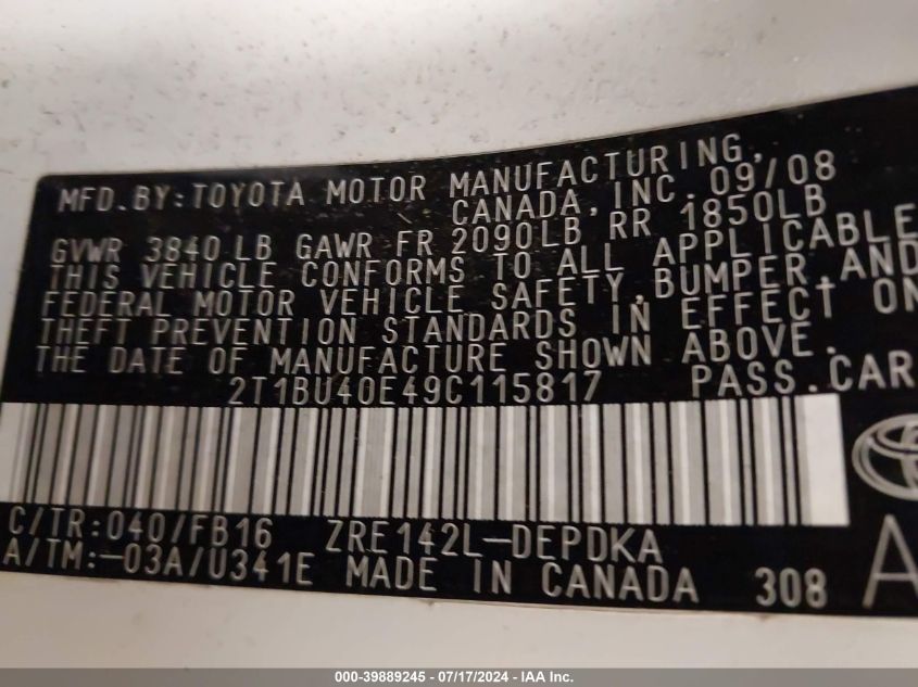 2009 Toyota Corolla Le VIN: 2T1BU40E49C115817 Lot: 39889245