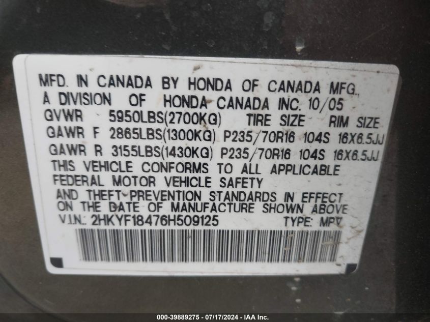 2006 Honda Pilot Ex VIN: 2HKYF18476H509125 Lot: 39889275
