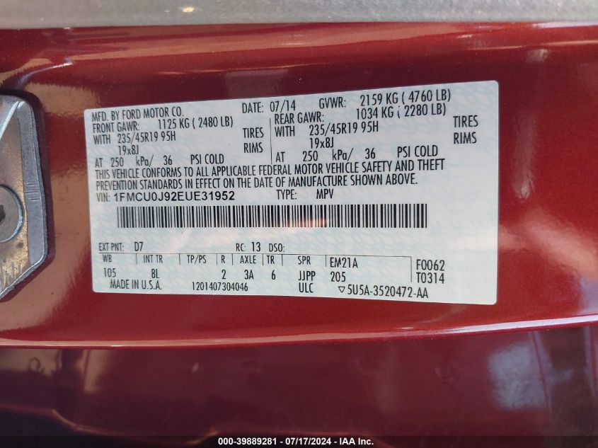 2014 Ford Escape Titanium VIN: 1FMCU0J92EUE31952 Lot: 39889281