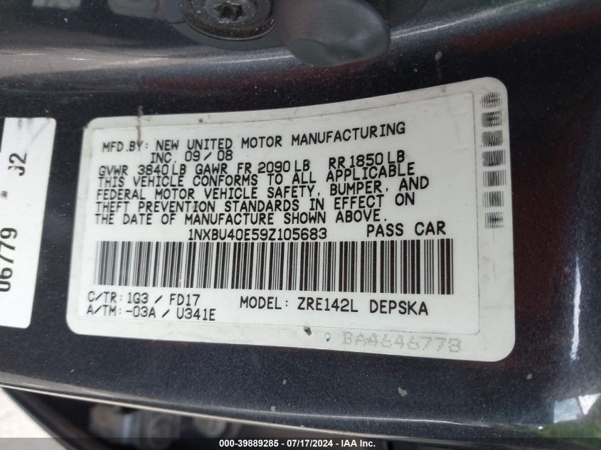 2009 Toyota Corolla S/Le/Xle VIN: 1NXBU40E59Z105683 Lot: 39889285