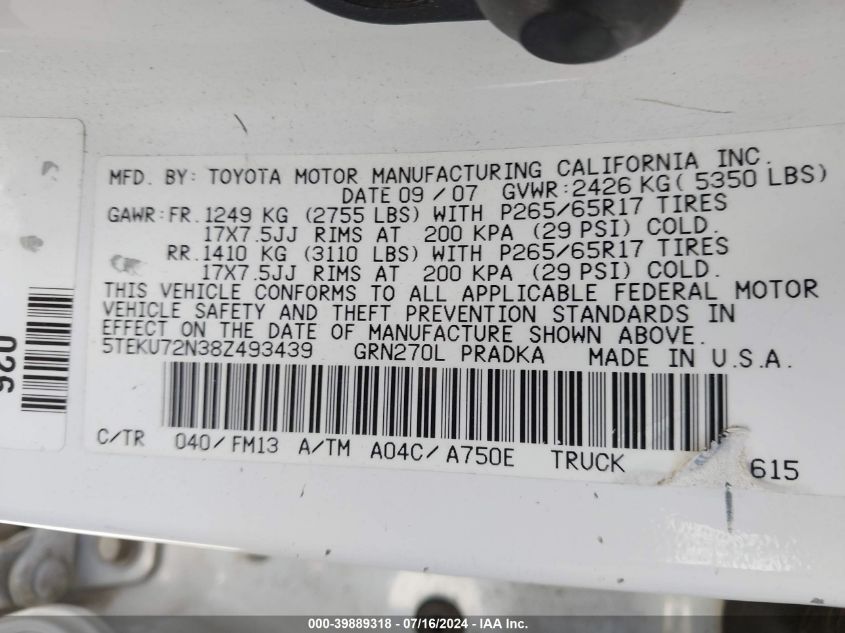 2008 Toyota Tacoma Prerunner V6 VIN: 5TEKU72N38Z493439 Lot: 39889318