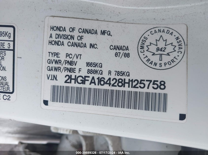 2008 Honda Civic Sdn VIN: 2HGFA16428H125758 Lot: 39889326