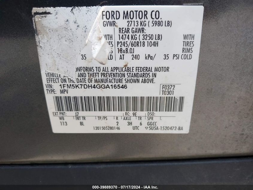 2016 Ford Explorer Xlt VIN: 1FM5K7DH4GGA16546 Lot: 39889370