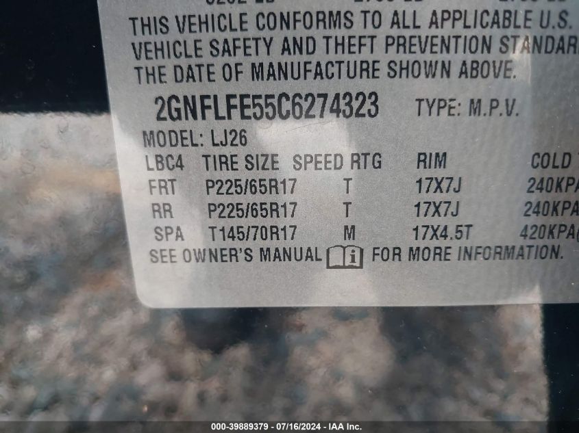 2012 Chevrolet Equinox Ltz VIN: 2GNFLFE55C6274323 Lot: 39889379