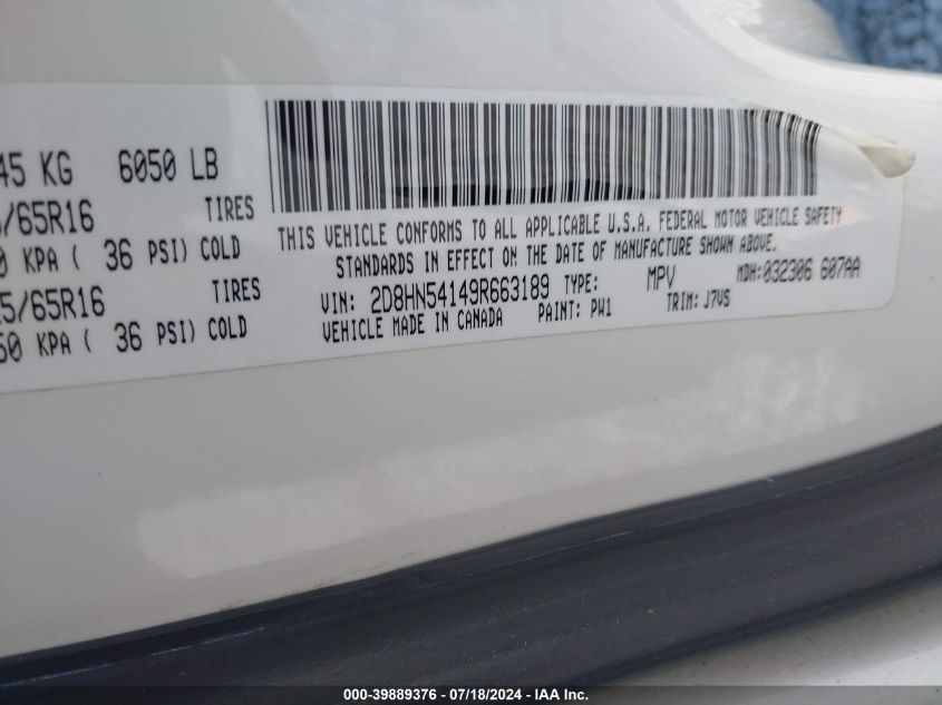 2009 Dodge Grand Caravan Sxt VIN: 2D8HN54149R663189 Lot: 39889376