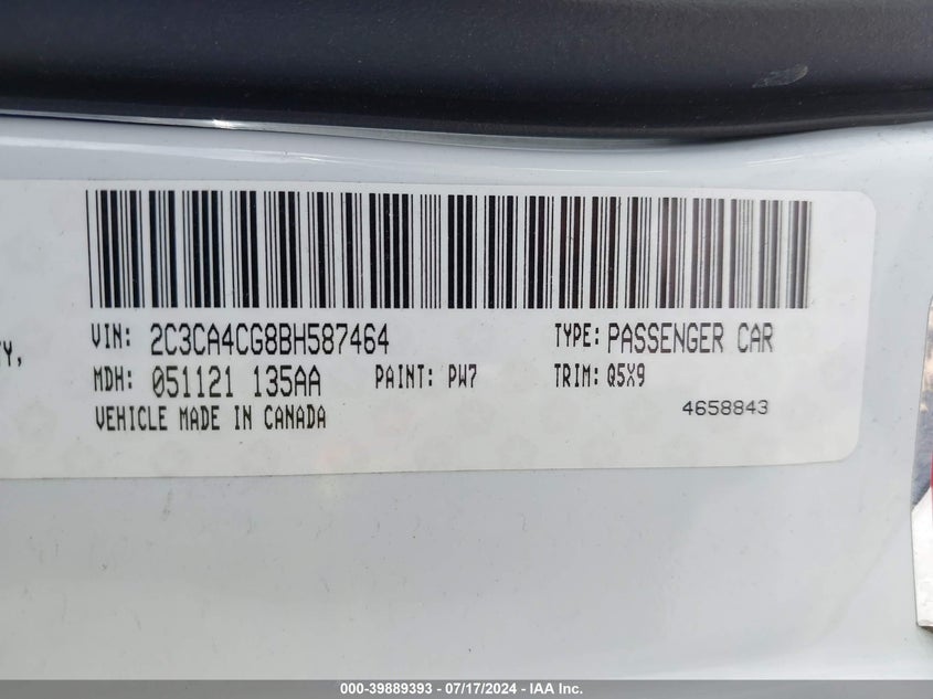 2011 Chrysler 300 VIN: 2C3CA4CG8BH587464 Lot: 39889393