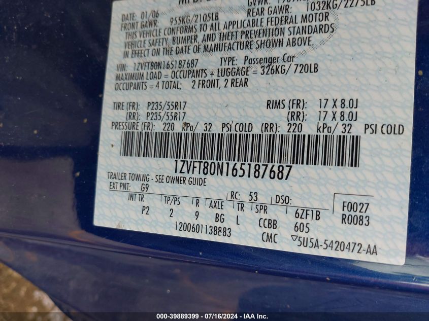 2006 Ford Mustang V6 VIN: 1ZVFT80N165187687 Lot: 39889399