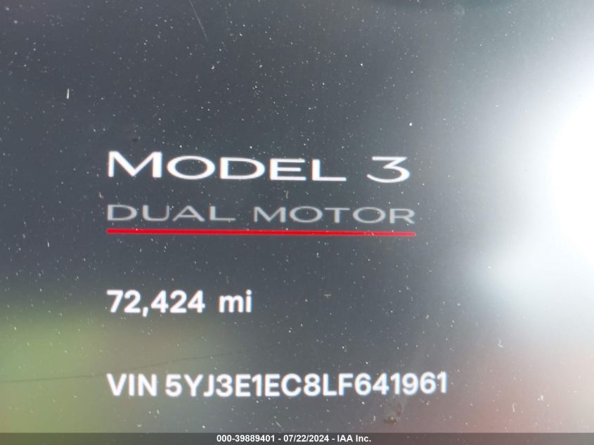 2020 Tesla Model 3 Performance Dual Motor All-Wheel Drive VIN: 5YJ3E1EC8LF641961 Lot: 39889401