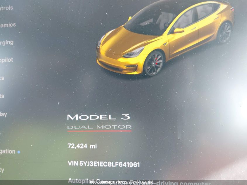 2020 Tesla Model 3 Performance Dual Motor All-Wheel Drive VIN: 5YJ3E1EC8LF641961 Lot: 39889401