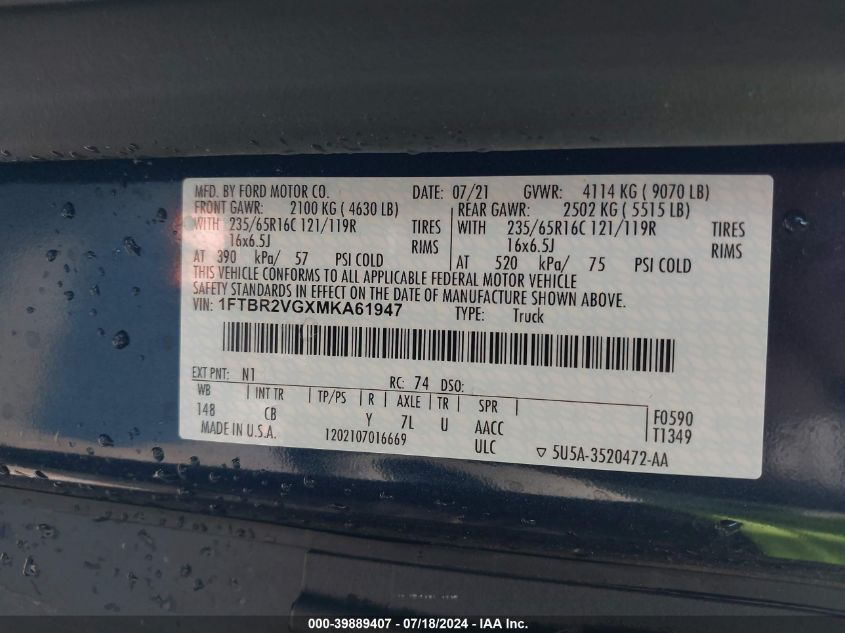 2021 Ford Transit-250 VIN: 1FTBR2VGXMKA61947 Lot: 39889407