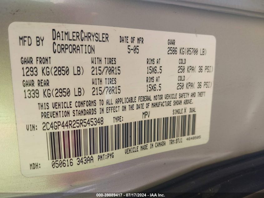 2005 Chrysler Town & Country Lx VIN: 2C4GP44R25R545348 Lot: 39889417