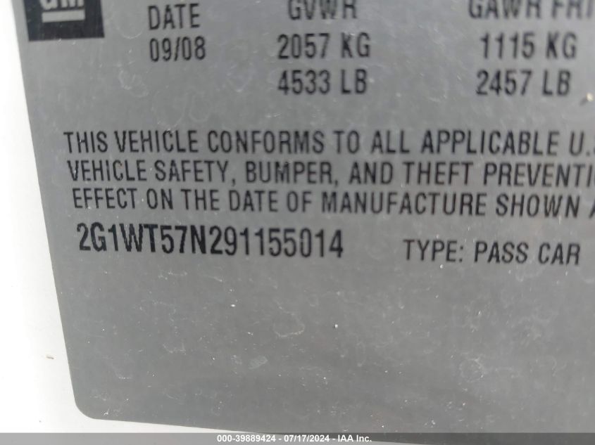 2009 Chevrolet Impala 1Lt VIN: 2G1WT57N291155014 Lot: 39889424