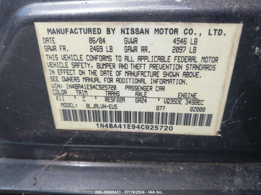 1N4BA41E94C925720 | 2004 NISSAN MAXIMA