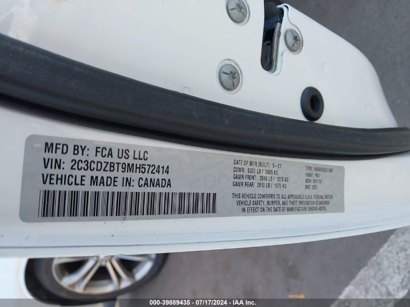 2021 Dodge Challenger R/T VIN: 2C3CDZBT9MH572414 Lot: 39889435