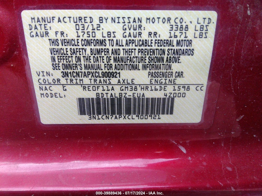 2012 Nissan Versa 1.6 Sv VIN: 3N1CN7APXCL900921 Lot: 39889436