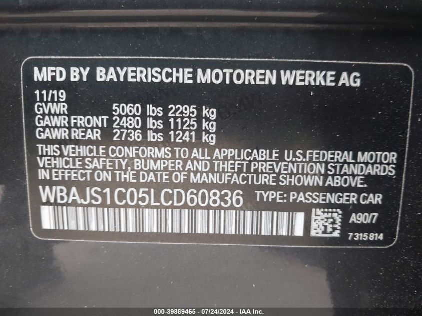 2020 BMW 540I VIN: WBAJS1C05LCD60836 Lot: 39889465