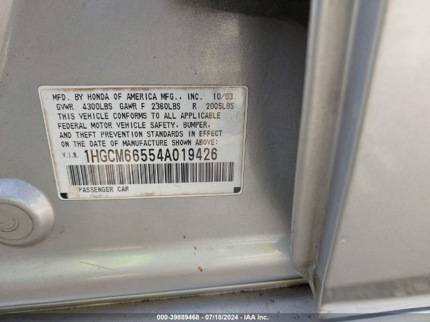 2004 Honda Accord Ex VIN: 1HGCM66554A019426 Lot: 39889468
