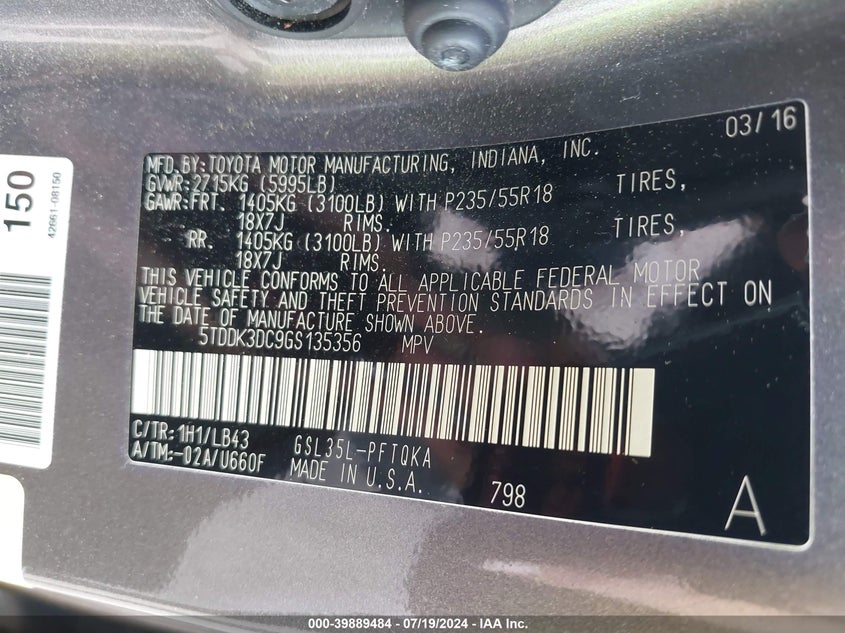 2016 Toyota Sienna Limited Premium 7 Passenger VIN: 5TDDK3DC9GS135356 Lot: 39889484