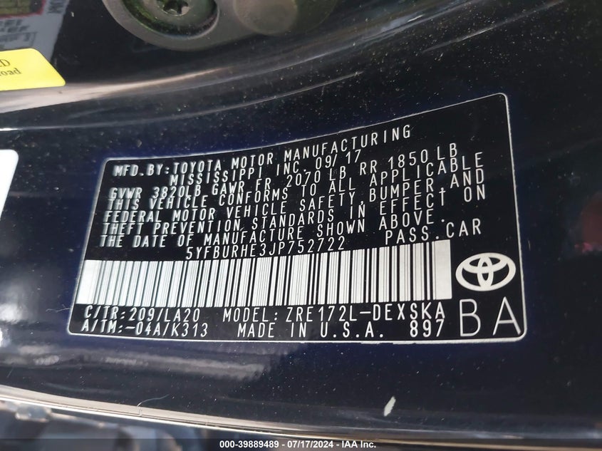 2018 TOYOTA COROLLA L/LE/XLE/SE/XSE - 5YFBURHE3JP752722