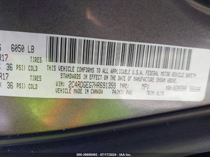 2017 Dodge Grand Caravan Gt VIN: 2C4RDGEG7HR691359 Lot: 39889493