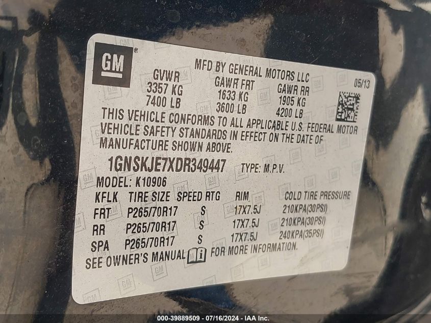 2013 Chevrolet Suburban 1500 Lt VIN: 1GNSKJE7XDR349447 Lot: 39889509