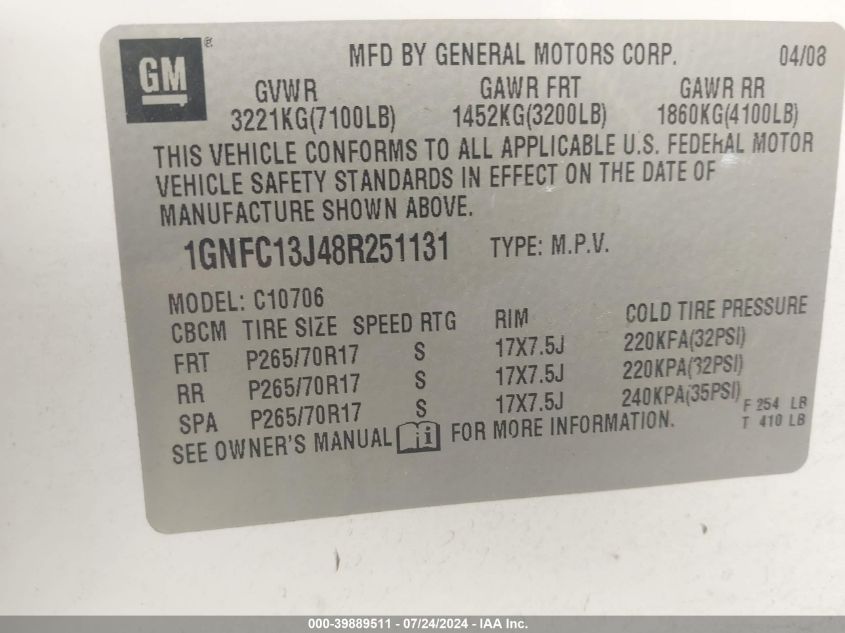 2008 Chevrolet Tahoe Lt VIN: 1GNFC13J48R251131 Lot: 39889511