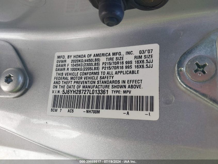 2007 Honda Element Ex VIN: 5J6YH28727L013361 Lot: 39889517