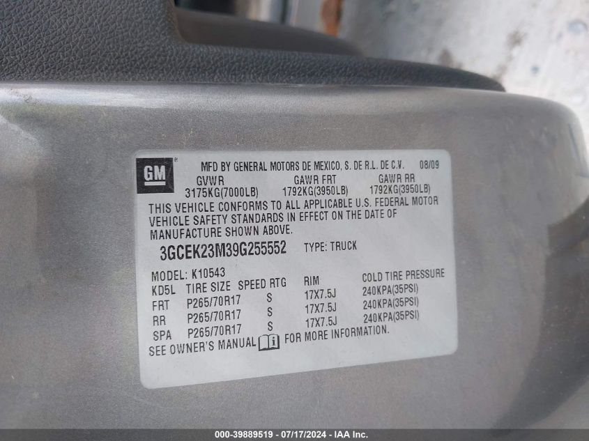 2009 Chevrolet Silverado 1500 K1500 Lt VIN: 3GCEK23M39G255552 Lot: 39889519