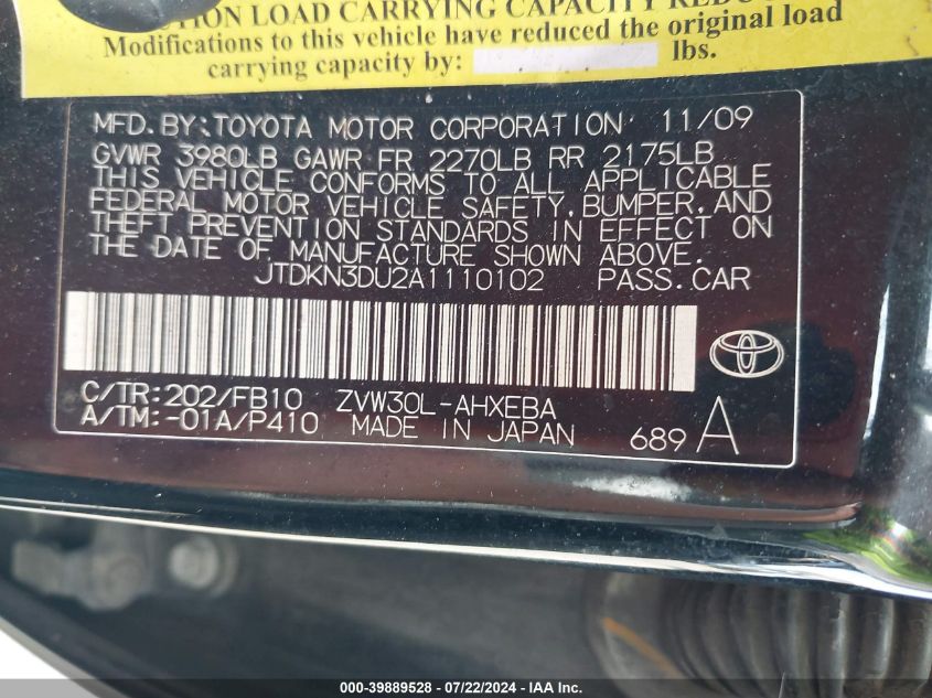 2010 Toyota Prius Ii VIN: JTDKN3DU2A1110102 Lot: 39889528