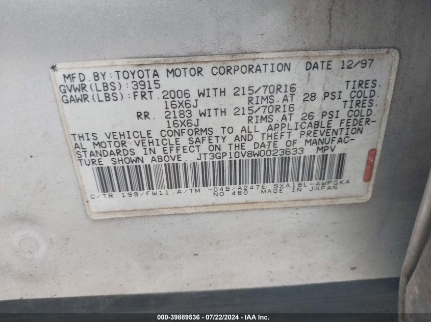 1998 Toyota Rav4 VIN: JT3GP10V8W0023633 Lot: 39889536