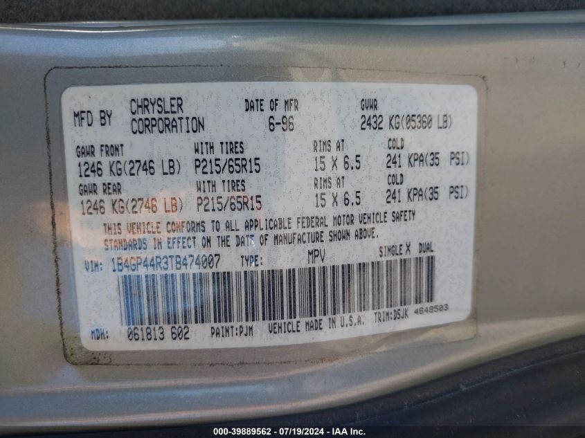 1996 Dodge Grand Caravan Se VIN: 1B4GP44R3TB474007 Lot: 39889562