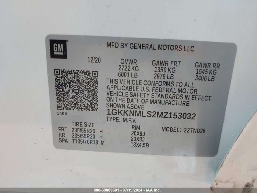 1GKKNMLS2MZ153032 2021 GMC Acadia Fwd Slt