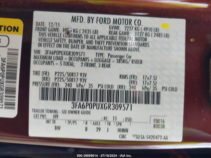 2016 Ford Fusion Energi Se Phev VIN: 3FA6P0PUXGR309571 Lot: 39889614