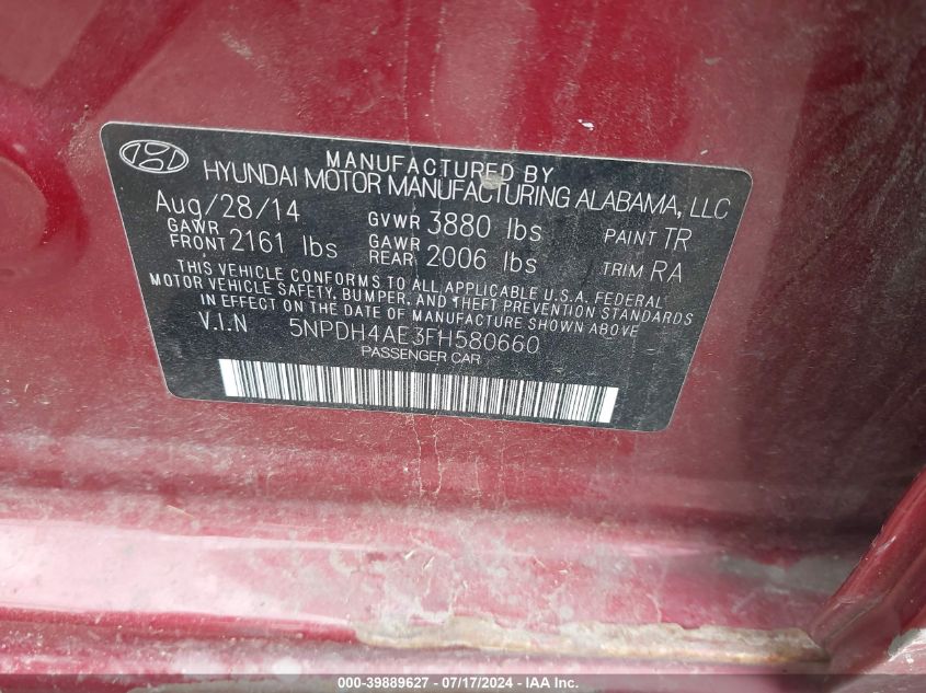 5NPDH4AE3FH580660 2015 Hyundai Elantra Se