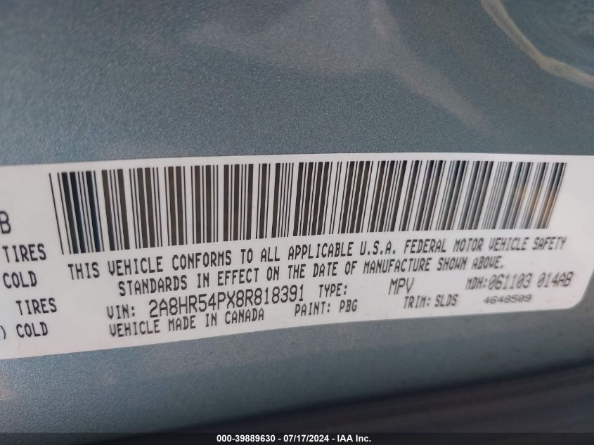 2008 Chrysler Town & Country Touring VIN: 2A8HR54PX8R818391 Lot: 39889630
