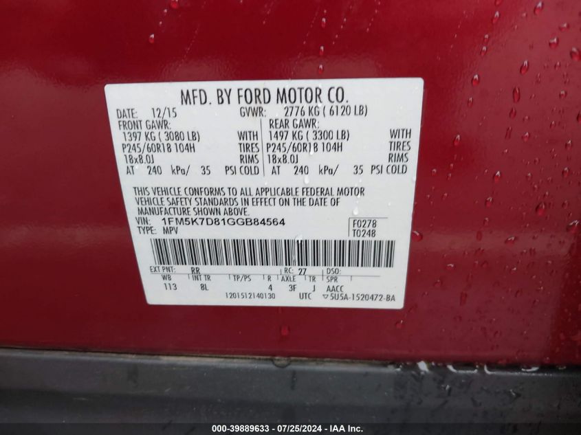 2016 Ford Explorer Xlt VIN: 1FM5K7D81GGB84564 Lot: 39889633