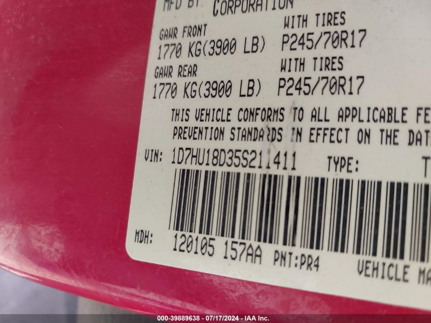 2005 Dodge Ram 1500 Slt/Laramie VIN: 1D7HU18D35S211411 Lot: 39889638