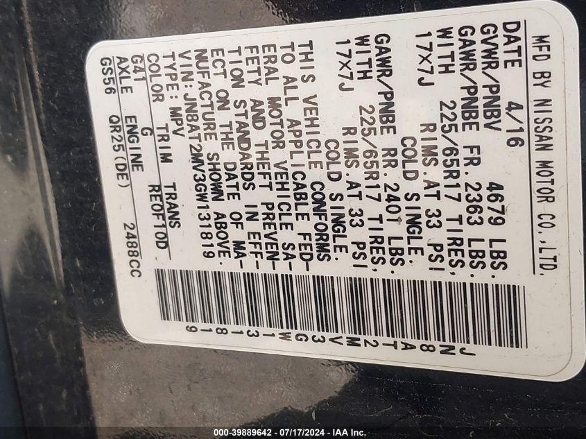 2016 Nissan Rogue S VIN: JN8AT2MV3GW131819 Lot: 39889642